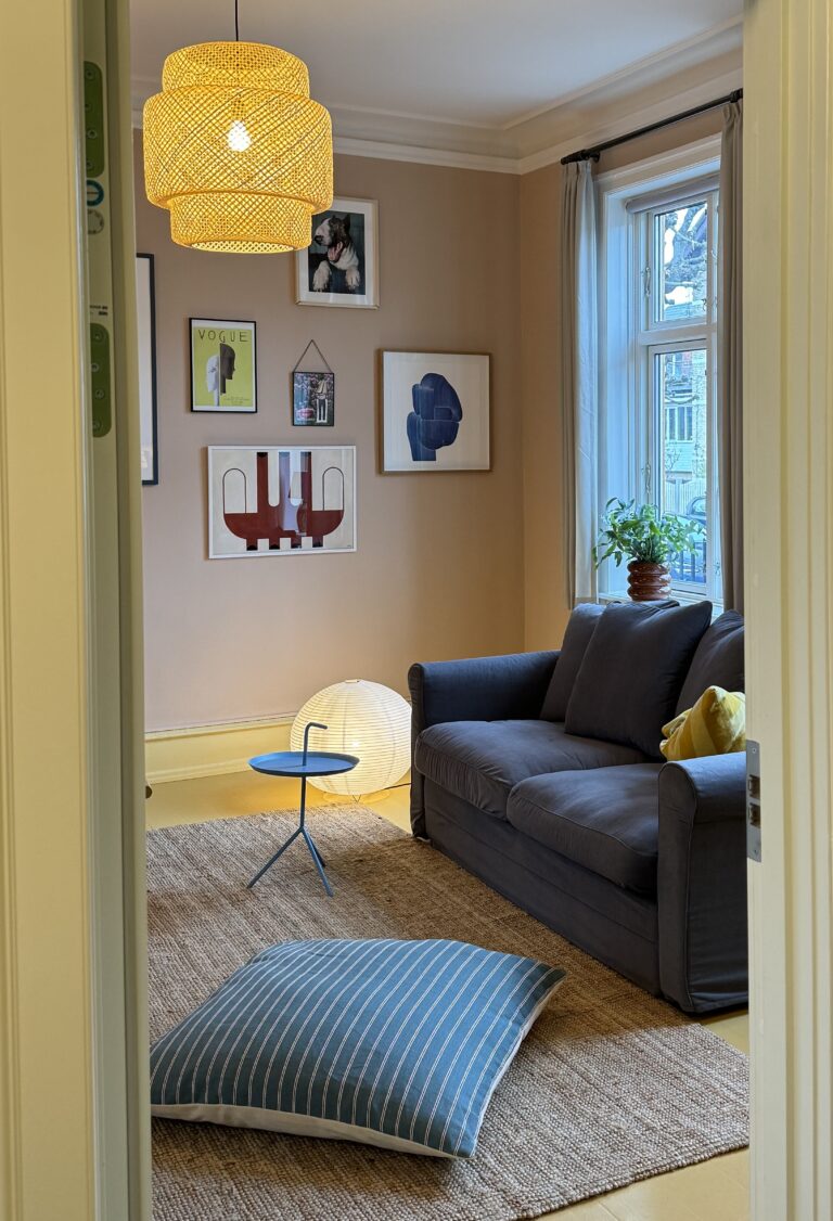 Stue med varm og indbydende indretning og korrekt placering af lamper