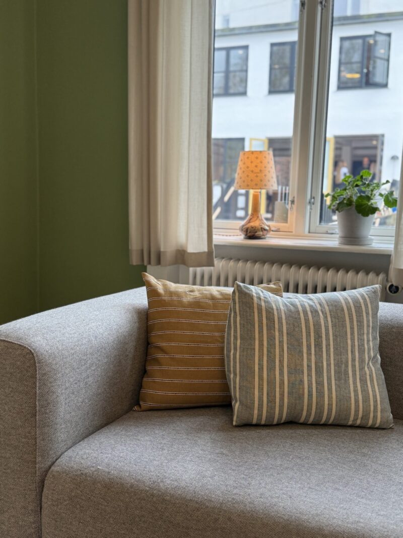 Personlig indretning - med grå sofa, puder og grøn vægfarve